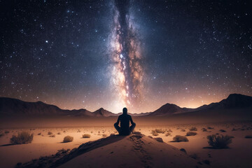 A person meditating on the desert sitting spiritual awakening meditation soul healing enlightenment brain mindset - obrazy, fototapety, plakaty