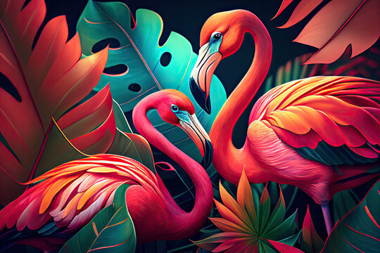 Closeup exotic bright colorful leaves and flamingoes background