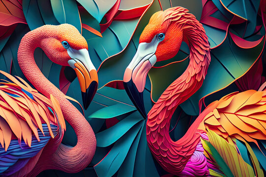 Closeup exotic bright colorful leaves and flamingoes background