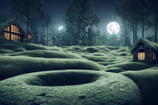 Unreal wooden house with lighted windows on top of round hill covered with moss in front of night sky with white moon, made with genearative AI. Generative AI