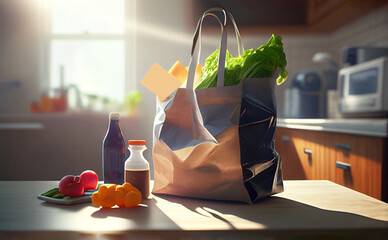 Reusable silver shopping bag on kitchen table - 577878169