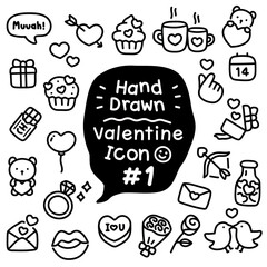 Tiny lovely cute doodle Valentine's Day vector icon set No.1 with black and white color that can be used as emoji or symbol for kids or little seamless pattern on pastel background for wrapping gift.