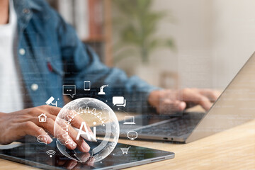 Artificial intelligence (Ai) technology concept. Businessman using AI technology to help with work. Connecting a global network with artificial intelligence.