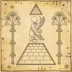 Animation color drawing: Divine Falcon sits atop pyramid. Ornamental trees. Background - imitation old paper. Vector illustration.