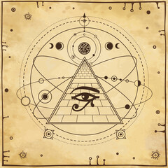 Animation  drawing: symbol of  Egyptian pyramid, eye of Horus, cosmic symbols, orbits of planets. Background - imitation old paper. Vector illustration.