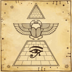 Animation linear drawing: Divine scarab beetle sits atop  pyramid. Eye of  god Horus. Background - imitation old paper. Vector illustration.