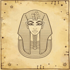 Animation linear portrait: King Tutankhamun mask, ancient Egyptian pharaoh.  Background - imitation old paper. Vector illustration.