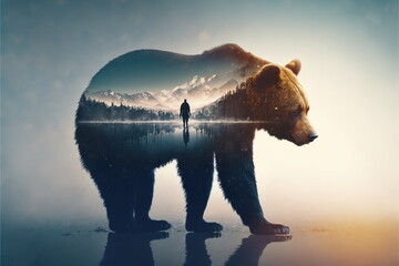 Wondrous brown grizzly bear in outdoor double exposure with natural taiga forest mountain background design as concept of adventure and exploring nature with peaceful environment. Generative AI