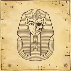 Animation portrait: King Tutankhamun mask, ancient Egyptian pharaoh. Half of the face is a skull. Background - imitation old paper. Vector illustration.