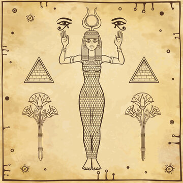 Animation portrait: Egyptian goddess Isis with horns and sun disk on her head holds sacred symbols of the eye Horus. Full growth.  Background - imitation old paper. Vector illustration.