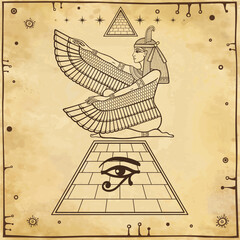 Mystical linear drawing: winged goddess Isis at top of the Egyptian pyramid. View profile. Background - imitation old paper. Vector illustration.