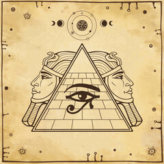 Animation drawing: symbol of  Egyptian pyramid, eye of Horus, profile of the pharaoh. Background - imitation old paper. Vector illustration.