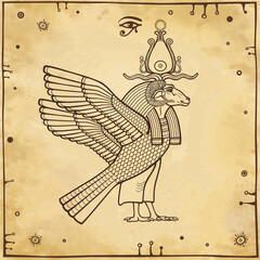 Animation portrait: Ancient Egyptian god Khnum with body of a bird and head of a ram.  View profile.  Background - imitation old paper. Vector illustration.