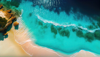 Top view of the ocean and sand. Generative AI