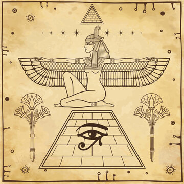 Mystical linear drawing: winged goddess Isis at top of the Egyptian pyramid. Papyrus flowers. Background - imitation old paper. Vector illustration.