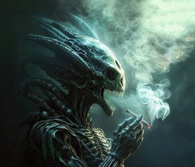 Scary alien smokes a rolled cigarette