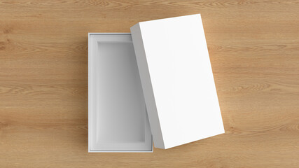 Long open box packaging mockup on wooden background. Template for your design. 3d illustration