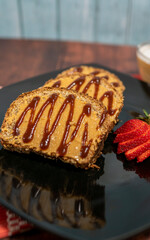 banana bread with peanut butter served with coffee