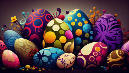 Colorful Easter eggs background illustration, colored eastern celebration graphic design by generative AI	