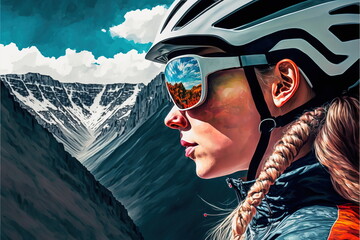 Young female cyclist portrait wearing sunglasses with wondrous reflection of natural environment of mountain landscape and beautiful sky, Fitness and extreme sport in the peak concept Generative AI