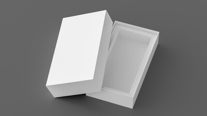 Long open box packaging mockup on gray background. Template for your design. 3d illustration