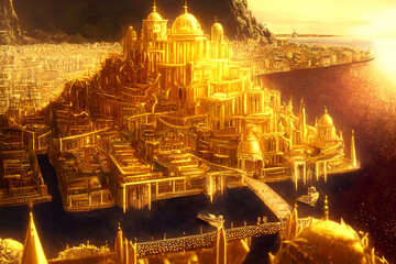 Obraz premium アニメ映画風の黄金郷系背景のイラスト(AI generated image)