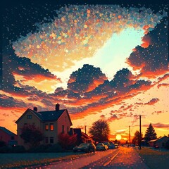 A quaint country home set against a beautiful sunset in the style of pointillism. Generated AI