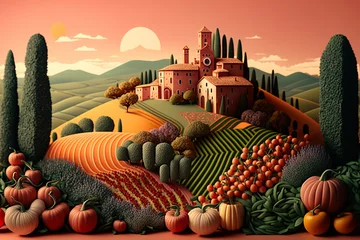 Fotobehang A Tuscan landscape made from fruit and vegetables.  Generative AI. © Inge