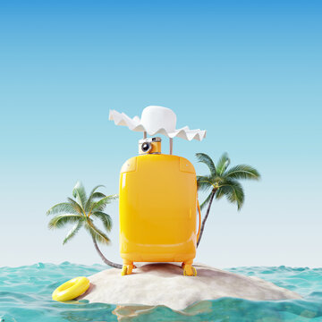 Creative summer beach with giant suitcase on island. travel concept idea. 3d rendering