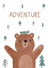 Watercolor woodland animals illustration. Cute cartoon poster for kids in boho style