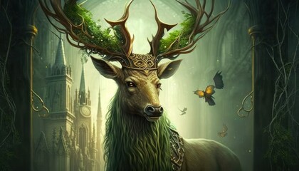 Beautiful Saint Patrick's Day Parade Celebrating Cute Creatures and Nature: Animal Deer Epic High Fantasy in Festive Green Attire Celebration of Irish Culture and Happiness (generative AI)