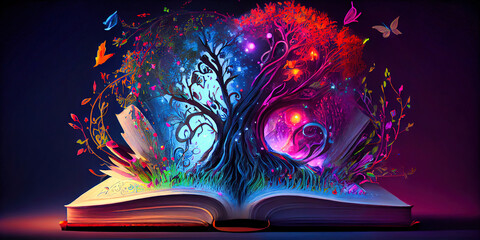 Magical enchanted book with natural colors bursting from it. 