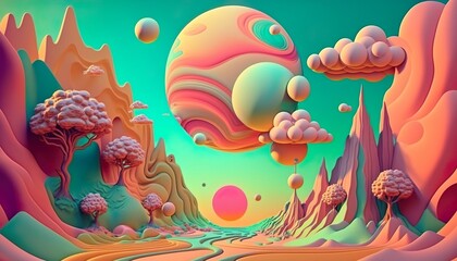 Fototapeta na wymiar Surreal, abstract, psychedelic design of planets and clouds over a mountain canyon valley in pastel colors (generative ai)