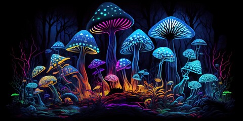 Obraz na płótnie Canvas Blacklight mushroom forest - colorful and magical enchanted fungus