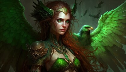 Beautiful Saint Patrick's Day Parade Celebrating Cute Creatures and Nature: Animal Harpy Epic High Fantasy in Festive Green Attire Celebration of Irish Culture and Happiness (generative AI) - obrazy, fototapety, plakaty
