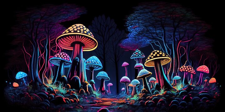Blacklight mushroom forest - colorful and magical enchanted fungus