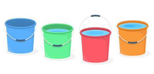 Four plastic buckets with water on white background - obrazy, fototapety, plakaty
