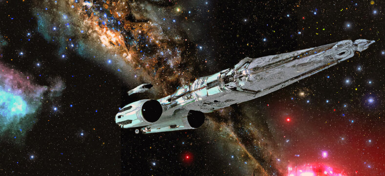 A long spaceship cruiser with a smaller craft in tow flyingthrough a nebula in outer space. Generative AI vintage comic book style art painting illustration.	