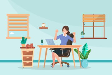 young woman working at living room,cat laying down on wood cupboard beside her