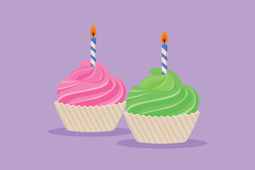 Character flat drawing fresh sweet delicious American muffin with candle stick logo emblem. Cookies cafe shop logotype template icon for cafe, store, food delivery. Cartoon design vector illustration