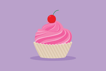 Character flat drawing fresh muffin with cherry cake online shop logo. Sweet pastry cafe menu and restaurant badge concept. Tasty cookies logotype, flyer, sticker. Cartoon design vector illustration