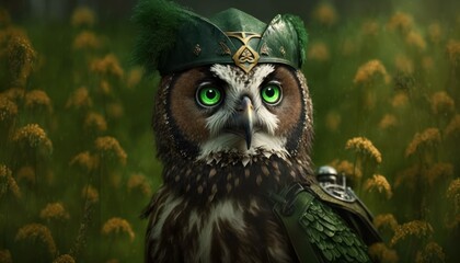 Beautiful Saint Patrick's Day Parade Celebrating Cute Creatures and Nature: Animal Owl Cinematic in Festive Green Attire Celebration of Irish Culture and Happiness (generative AI)