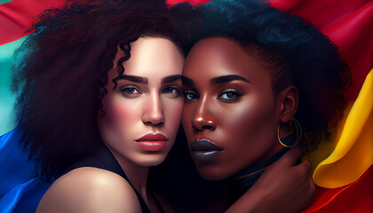 Obraz premium Lesbian, Beauty woman, Lesbian activist for lgbtq rights, rainbow flag, queers diverse people of lesbian community, by generative AI
