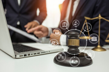 team meeting.businessman discussing legal legislation at law firm. judge gavel 