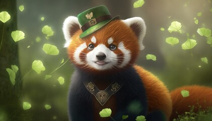 Beautiful Saint Patrick's Day Parade Celebrating Cute Creatures and Nature: Animal Red Panda Cute Cartoon in Festive Green Attire Celebration of Irish Culture and Happiness (generative AI)