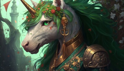 Beautiful Saint Patrick's Day Parade Celebrating Cute Creatures and Nature: Animal Unicorn Anime in Festive Green Attire Celebration of Irish Culture and Happiness (generative AI)