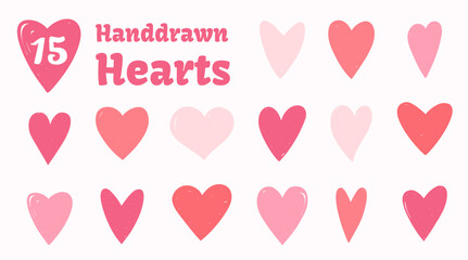 Set of 15 hand drawn red and pink hearts