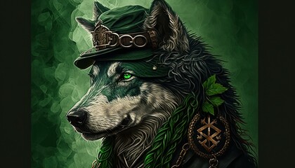 Beautiful Saint Patrick's Day Parade Celebrating Cute Creatures and Nature: Animal Wolf Anime in Festive Green Attire Celebration of Irish Culture and Happiness (generative AI)