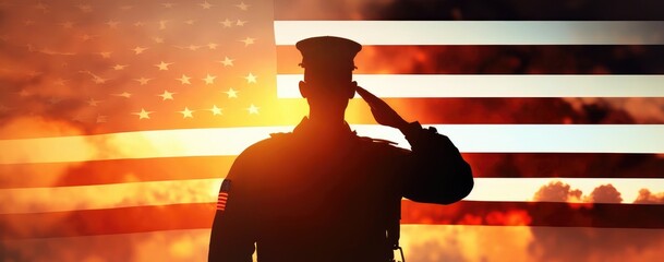 Soldier and USA flag on sunrise background .Concept National holidays , Flag Day, Veterans Day, Memorial Day, Independence Day, Patriot Day. Generative AI - obrazy, fototapety, plakaty