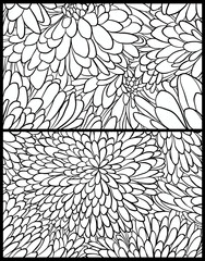 Bouquet of lush Japanese chrysanthemums flowers. Adult colouring page, art therapy, antistress. Cartoon linear doodle coloring poster. Line art illustration. Scalable vector graphic. 